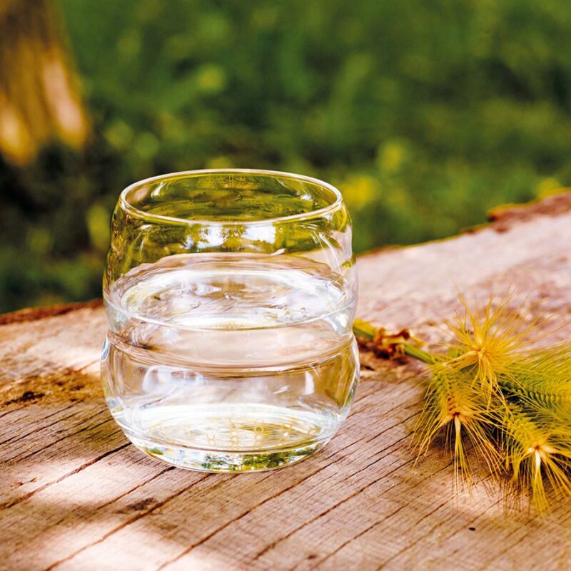Glas-Trinkbecher Mythos mit Blume des Lebens im Boden