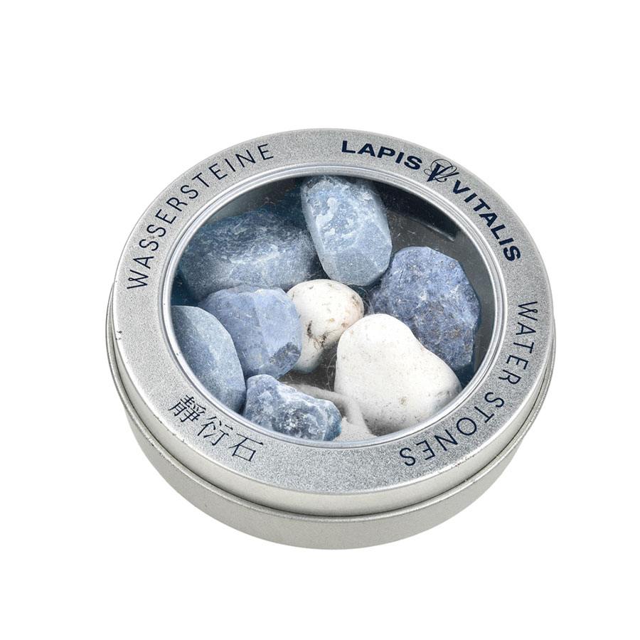 Wassersteine "Gelassenheit-Mischung" (Dumortierit, Blauquarz, Magnesit) in Metall-Geschenkdose