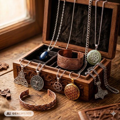 Das Kategoriebild zeigt verschiedene Kettenanhänger aus Bronze und Silber, Edelstein Donuts, Donuthalter, Trommelsteinanhänger und Kupferarmreife aus unserem Schmuck-Sortiment. KI generiertes Bild.