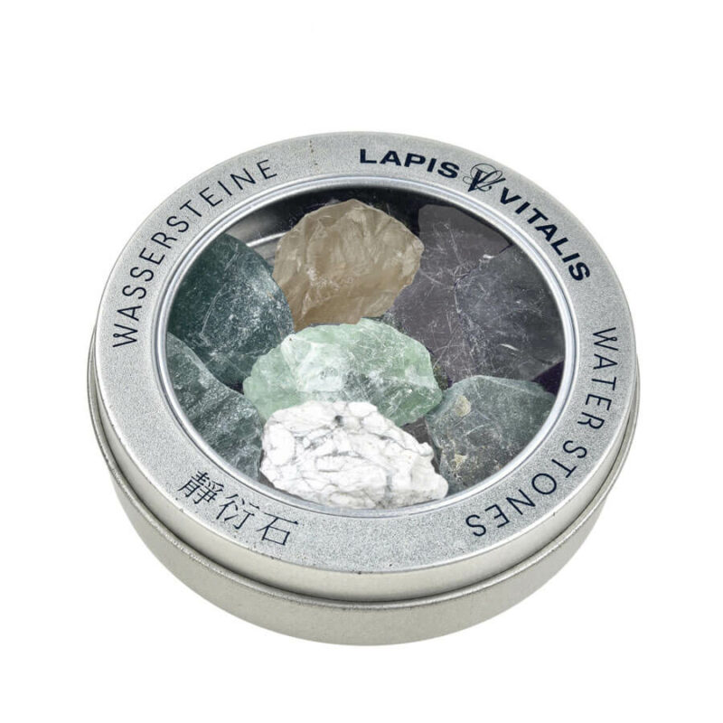 Wassersteine-Mischung "Jungbrunnen" (Fluorit, Chrysopras, Peridot) in Metall-Geschenkdose