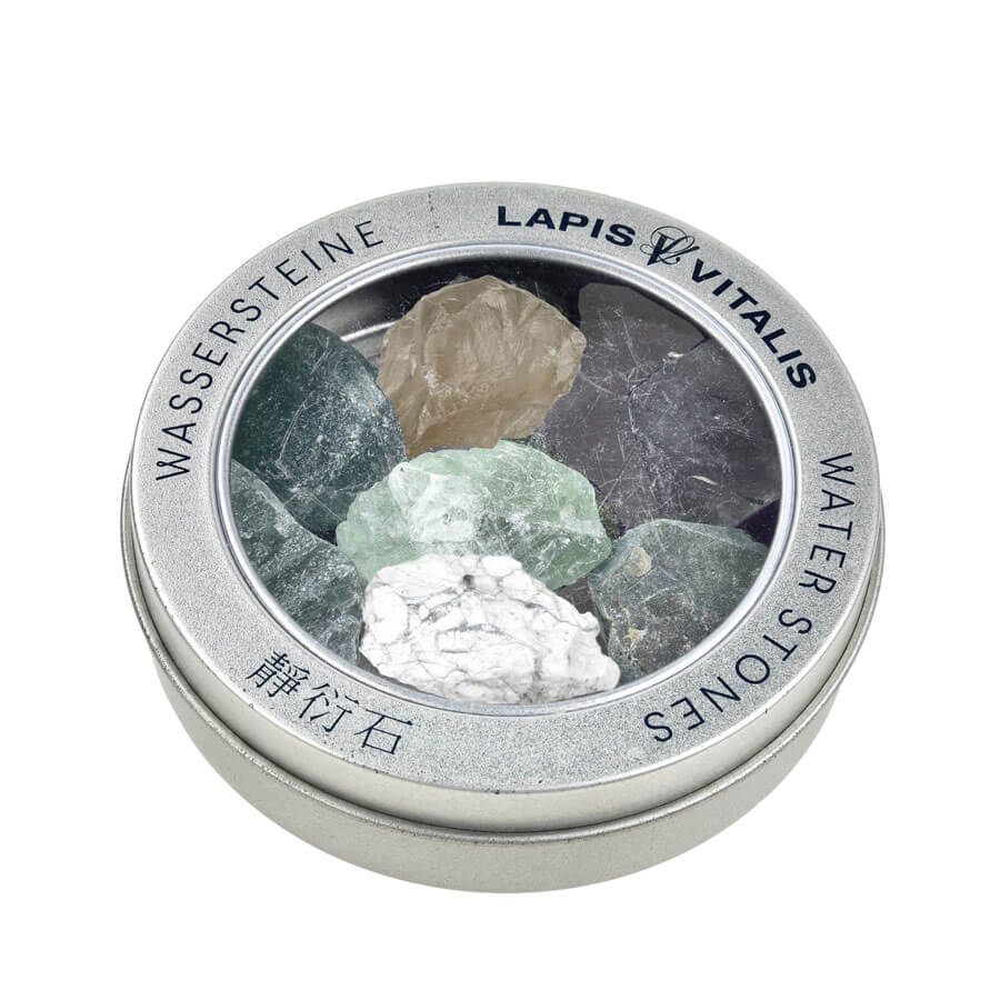 Wassersteine-Mischung "Jungbrunnen" (Fluorit, Chrysopras, Peridot) in Metall-Geschenkdose
