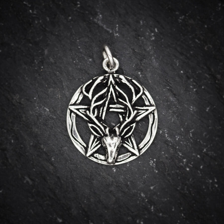 Anhänger Cernunnos-Pentagramm mit Hirschkopf aus 925er Sterling-Silber