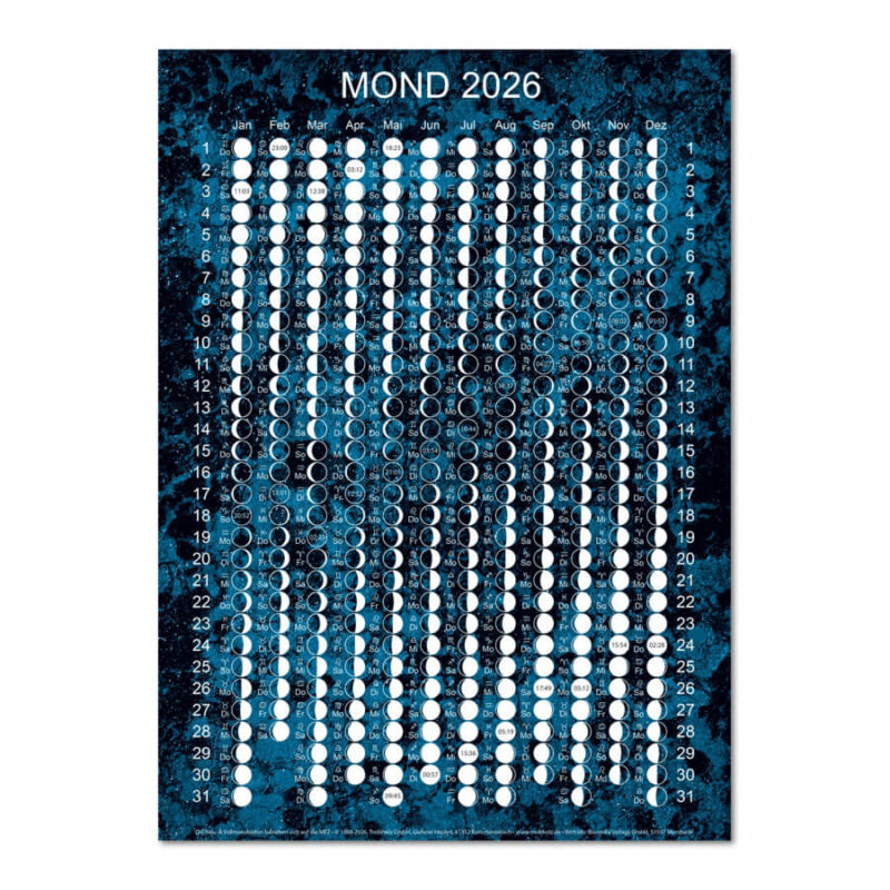 Mondkalender 2026 als Postkarte, als DIN A4 Miniposter und als Poster im Format DIN A2