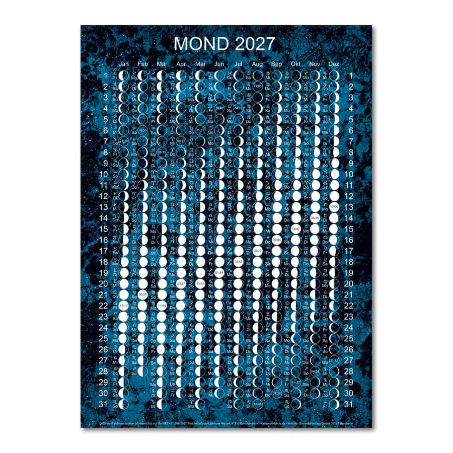 Mondkalender 2027 als Postkarte, als DIN A4 Miniposter und als Poster im Format DIN A2