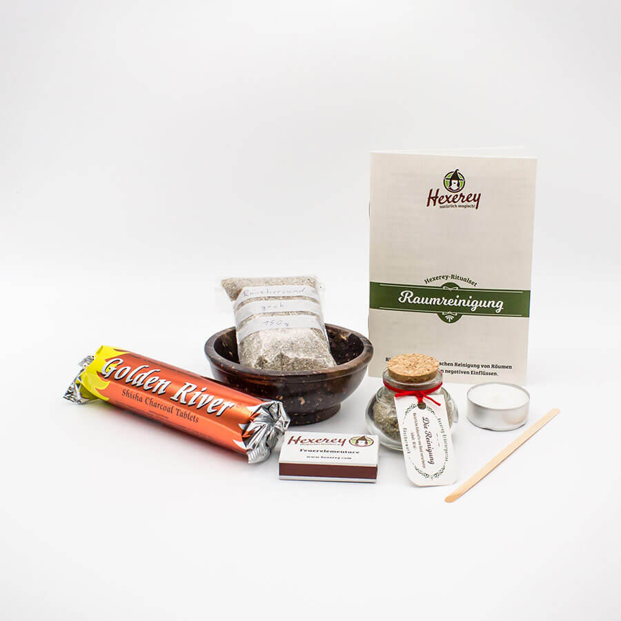 Set für energetische Raumreinigung durch Räuchern von Kräutern auf Kohle. Räucherschale, Räucherkohle, Anleitung und Zubehör.