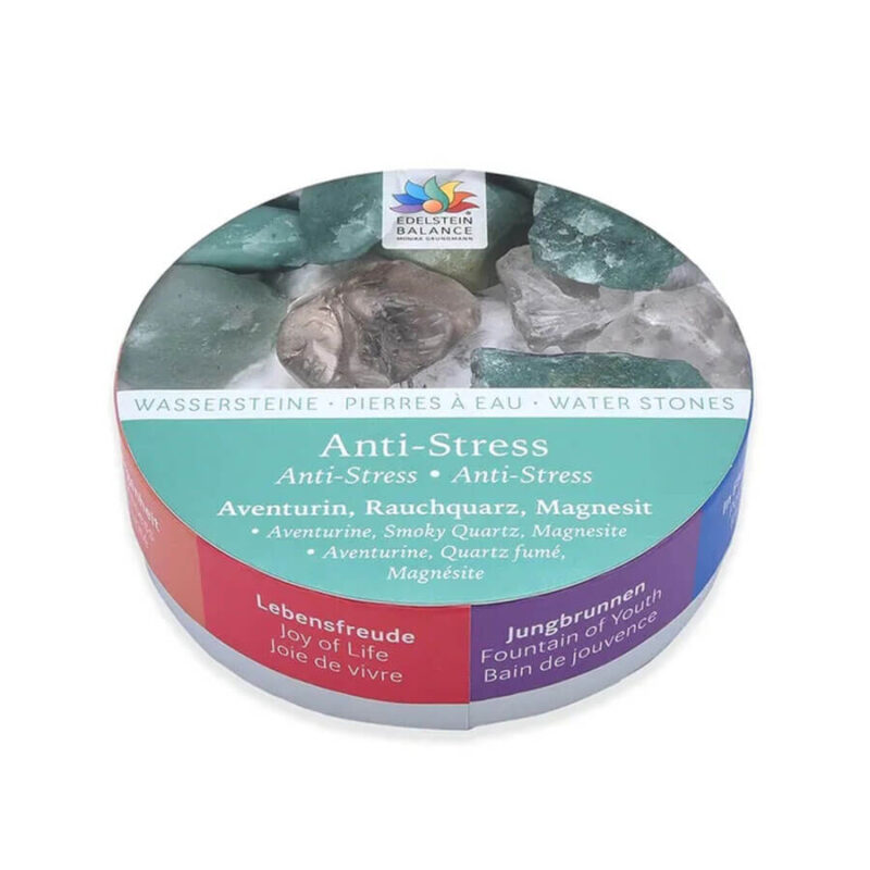 Wassersteine "Anti-Stress-Mischung" (Aventurinquarz, Magnesit, Rauchquarz) in Geschenkdose
