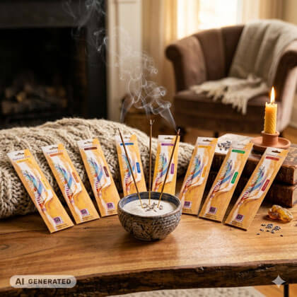 Die verschiedenen Packungen der Holy Smokes Natural Line Räucherstäbchen sind in einem gemütlichen Wohnzimmer um eine Schale mit Sand angeordnet in der mehrere Räucherstäbchen abbrennen. KI-generiertes Bild.