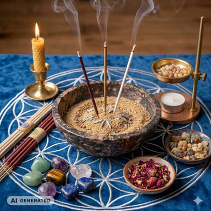 Ein Räucher-Arrangement auf einem blauen Tuch mit der Blume des Lebens in weiß. Im Zentrum steht eine dunkle Steinschale mit Sand, in der drei Räucherstäbchen stecken, von denen feiner Rauch aufsteigt. Um die Schale herum sind eine brennende Bienenwachskerze im Messingleuchter, zwei ungezündete Räucherstäbchen-Bündel, verschiedene polierte Edelsteine sowie kleine Schälchen mit Weihrauchharz, getrockneten Rosenblüten und ein verstellbarer Weihrauchbrenner platziert. KI generiertes Bild.