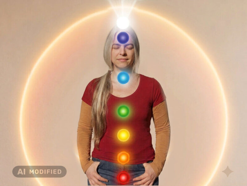 Frau mit geschlossenen Augen in meditativer Haltung, umgeben von einem leuchtenden energetischen Schutzkreis, während ihre sieben Chakren als farbige Lichtpunkte von Rot bis zum strahlenden Weiß über dem Kopf aufleuchten. Mit KI bearbeitet.