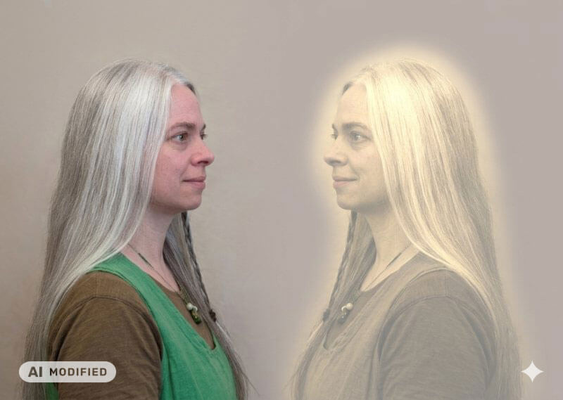 Daniela vom Hexerey-Team steht ihrem Inner Self gegenüber und hört auf ihre innere Stimme.