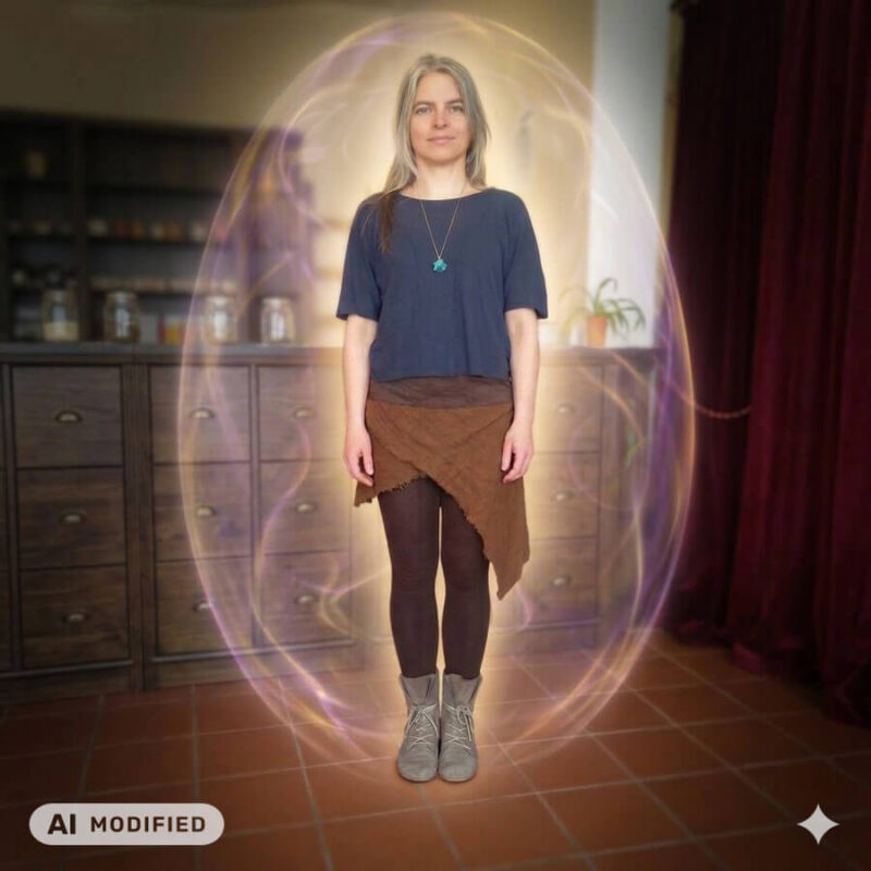 Frau in einem schützenden Energiefeld als Symbol für energetischen Schutz, persönliche Grenzen und Energiearbeit. Mit KI bearbeitet.