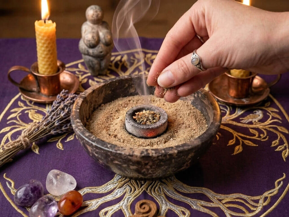 Eine Hand streut Räuchermischung auf eine glühende Räucherkohle in einer Steinschale auf einem violetten Altartuch mit Yggdrasil-Muster. KI generiertes Bild.