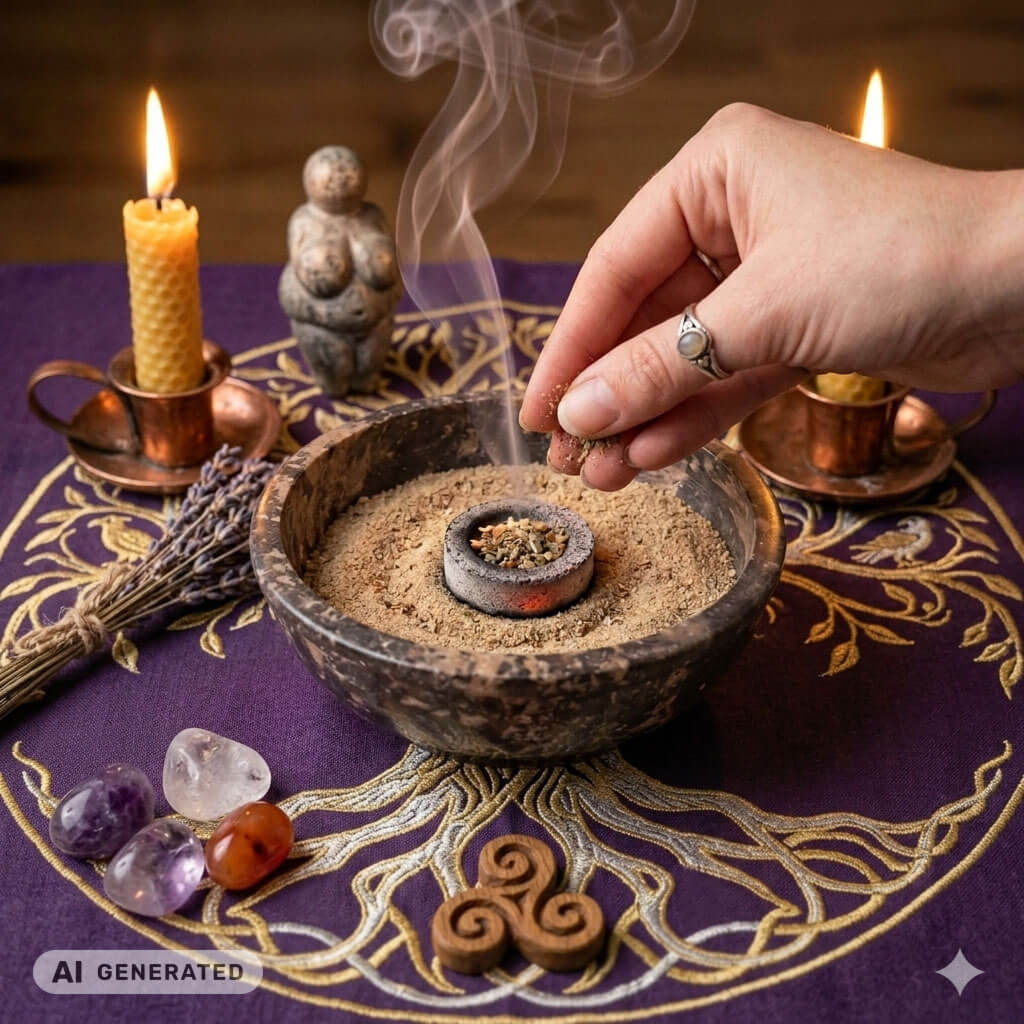 Eine Hand streut Räuchermischung auf eine glühende Räucherkohle in einer Steinschale auf einem violetten Altartuch mit Yggdrasil-Muster. KI generiertes Bild.